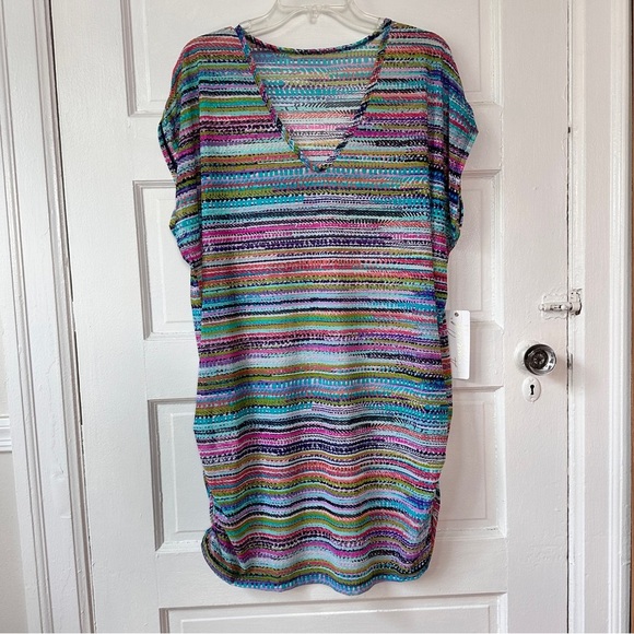 Anne Cole V-Neck Mesh Tunic Swimsuit Coverup Colorful Stripes Ruched Sides NWT - Picture 3 of 14